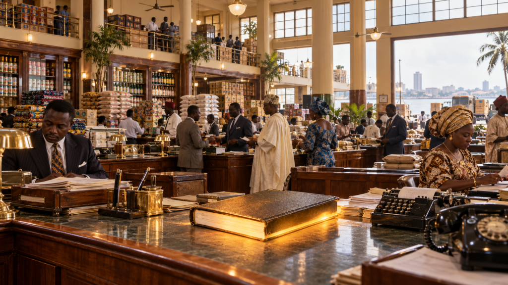 Quotation follow-up: sales and finance staff checking a ledger of open quotes in a Lagos trading hall