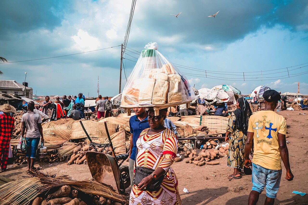 Traders and buyers at the busy Mile 12 market in Lagos, Nigeria