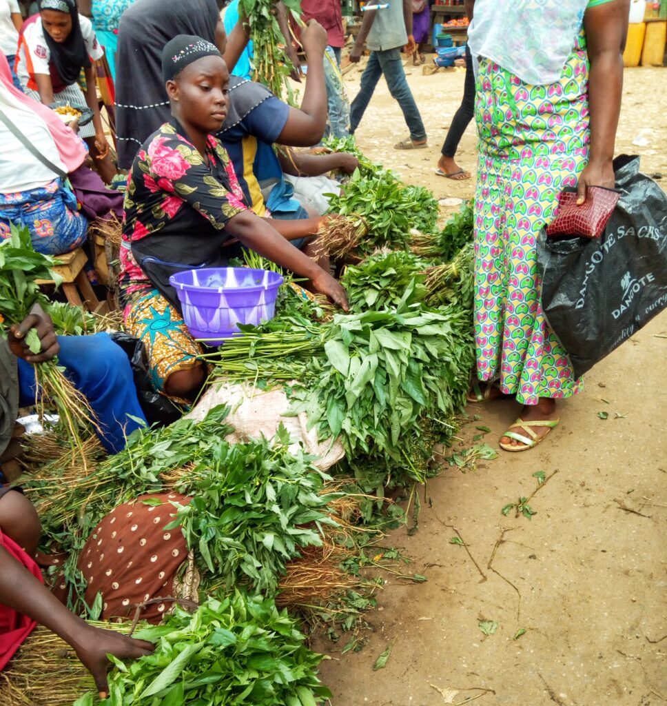 Everyday scene at a Nigerian market with traders and customers
