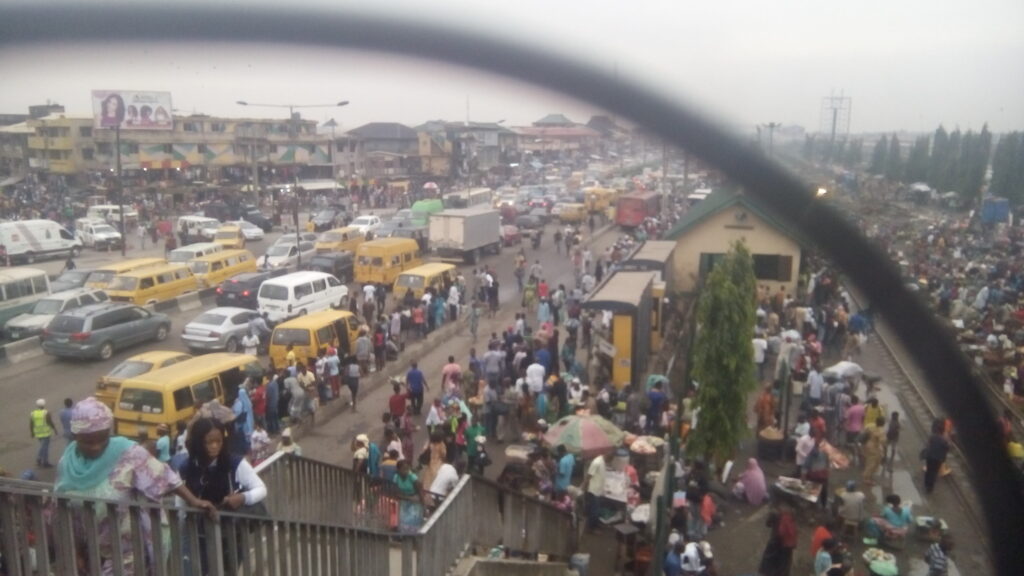 Busy commercial street scene in Oshodi, Lagos